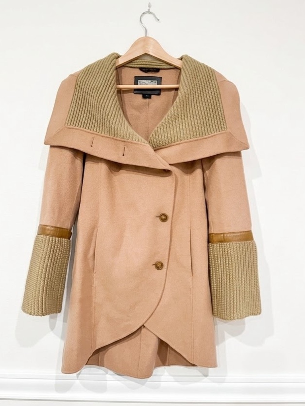 Mackage Fran Cable Knit Collar & Cuffs Two-Tone Camel Wool Leather Trench S